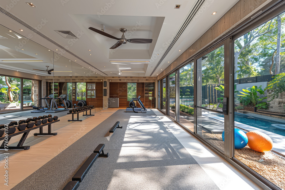 A photo of the interior gym at an Australian luxury home, with fitness equipment and mirrors on one side, overlooking large windows leading onto beautiful landscaping outside. Created with Ai