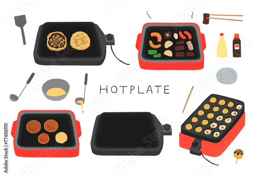 ホットプレートで鉄板焼きなどの料理をしているイラスト（カラー/輪郭線なし）