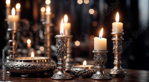 Beautiful silver candlesticks on a dark background