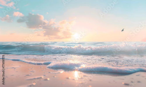 A beautiful sunset with white sand beach and clean water. Holiday summer beach background.
