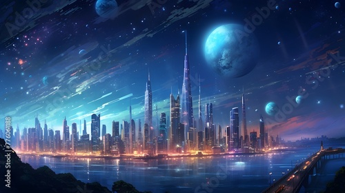 Panoramic view of the city at night with moon and stars