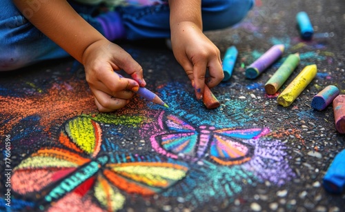 Digital artwork depicting a child using chalk to draw a colorful butterfly on the asphalt, showcasing the joy and imagination of outdoor activities. 