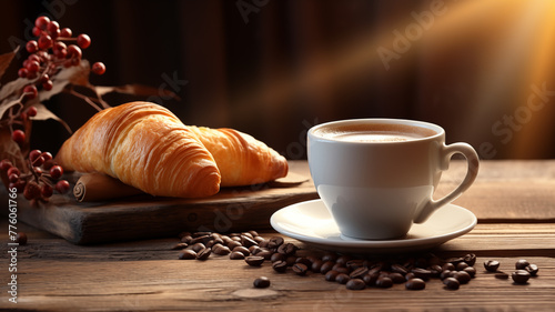 Delicious coffee and bread picture on cozy background 