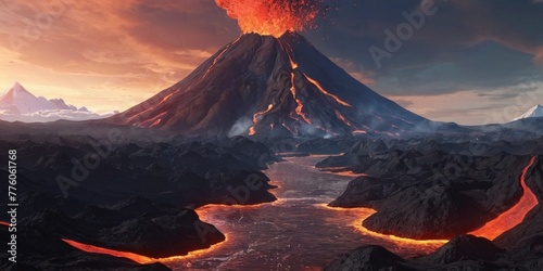 Clouds of volcanic ash, smoke and lava erupt from the mountain at sunset.