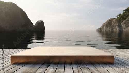 Framed wood podium stage for product on sea ocean background. Template wooden display stand on seaside. Stylish products showcase with copy space. Modern blank display pedestal mockup. Visual scene