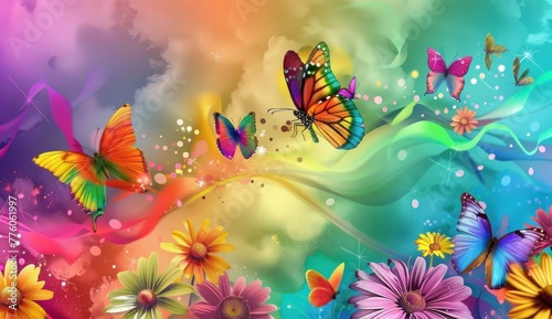 Digital illustration featuring a vibrant rainbow-colored backdrop embellished with butterflies and flowers