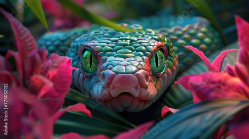 Close-up of the head of a green poisonous snake against a background of flowers and jungle plants Exotic dangerous reptile curled up in a ball and looking at the camera