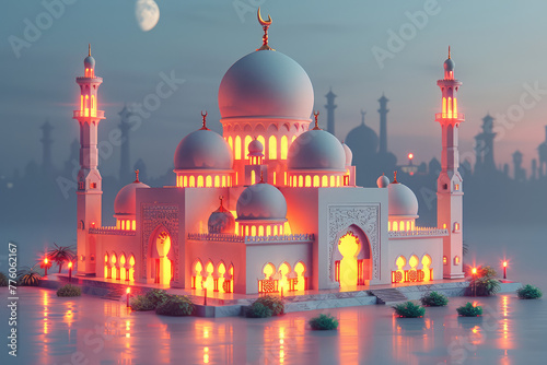 3D rendering of a white mosque illuminated with lights at night during Ramadan, the holy month of the moon. Created with Ai