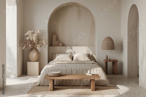 Mockup with empty wall in minimalistic interior, bedroom with beige bed, large window and wooden furniture, style of warmcore, earth brown tones, neutral organic design, AI generated