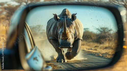 view from a car's rearview mirror. The mirror reflects an image of a giant rhinoceros chasing the car.generative ai photo