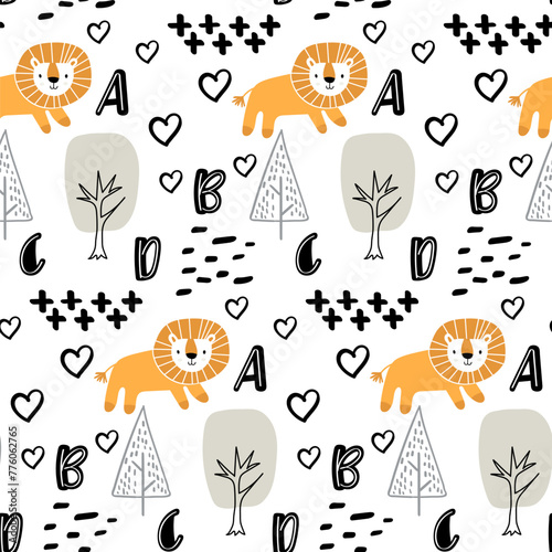 Vector seamless pattern with tree,lion,alphabet.Tropical jungle cartoon creatures.Pastel animals background.Cute natural pattern for fabric, childrens clothing,textiles,wrapping paper.
