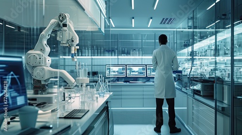 modern high-tech laboratory, people and robotic assistants work with chemical reagents, a robotic arm manipulator helps a scientist in research, medical development, robotics, AI generated