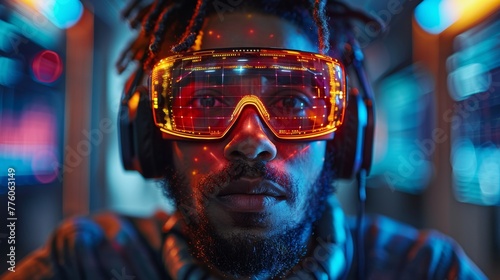 A programmer in a headset coding program text in a VR interface. Software developer in a programming environment. Computer code in a programming environment. Future computer technology concept. Man © Zaleman