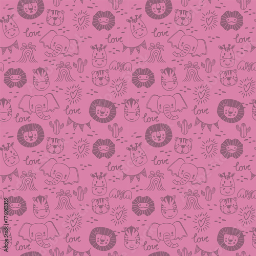 Vector seamless pattern with tiger,lion,zebra,giraffe,elephant,lizard.Tropical jungle cartoon creatures.Pastel animals background.Cute natural pattern for fabric,childrens clothing,wrapping paper.