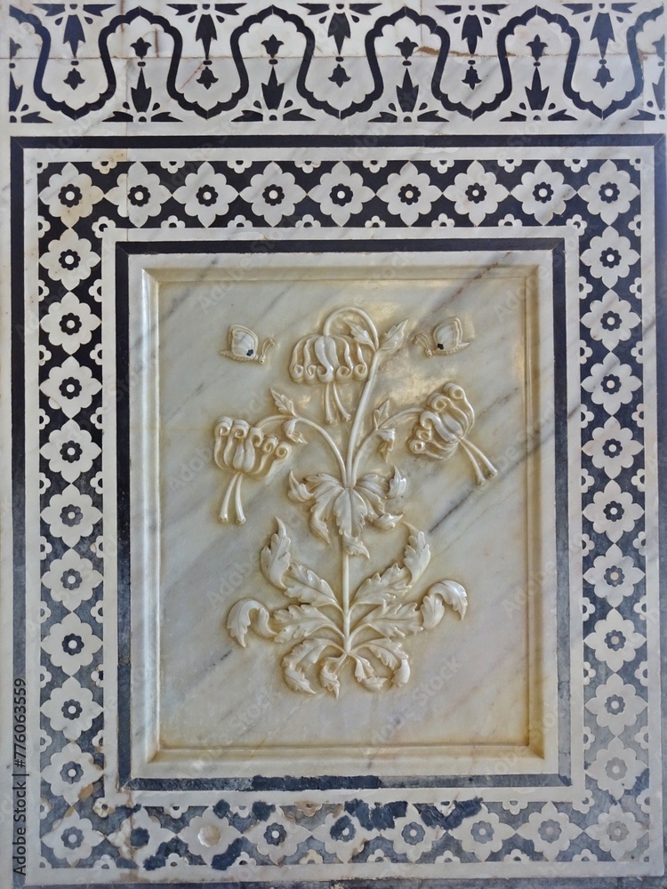 Bas-relief with floral ornament in Amer palace ,(amber palace )  Jaipur, Rajasthan, India

