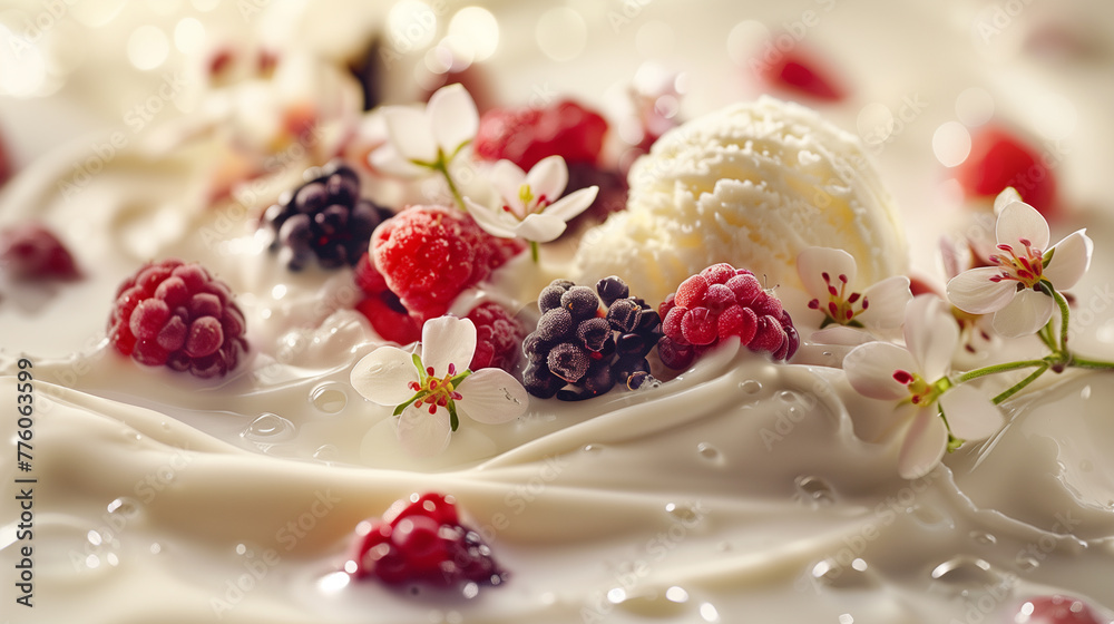 Gelato ice cream intertwined with whole fresh strawberries, raspberries, and blackberries.