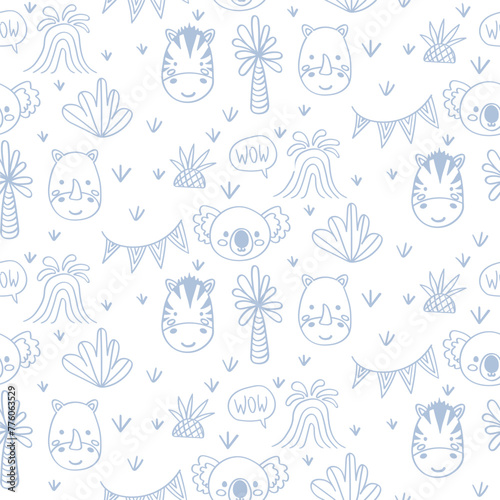 Vector seamless pattern with zebra, koala, rhinoceros.Tropical jungle cartoon creatures.Pastel animals background.Cute natural pattern for fabric, childrens clothing,textiles,wrapping paper.