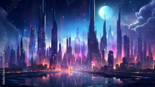 Futuristic city at night. Panoramic view of the city from the ground.