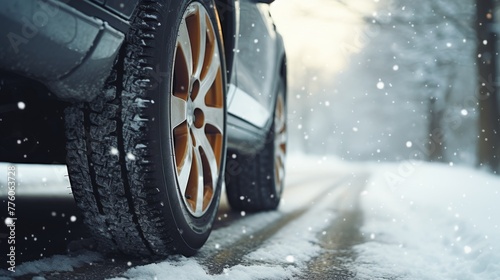 Winter tires on a snowy road in the mountains - snow storm