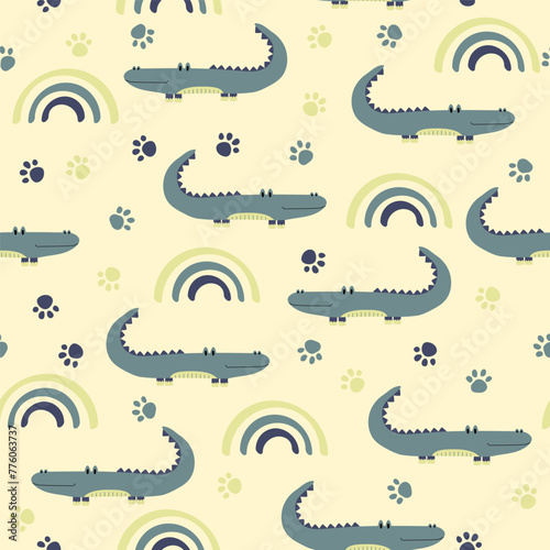 Vector sticker pattern with crocodile.Tropical jungle cartoon creatures.Pastel animals background.Cute natural pattern for fabric, childrens clothing,textiles,wrapping paper.