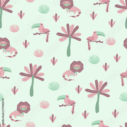 Vector seamless pattern with toucan, sloth.Tropical jungle cartoon creatures.Pastel animals background.Cute natural pattern for fabric, childrens clothing,textiles,wrapping paper.