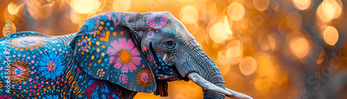 Painted elephant, vibrant patterns, cultural celebration, festive parade, sunny day, realistic rendering, backlit with warm sunlight, bokeh effect