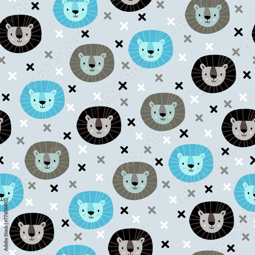 Vector seamless pattern with lion.Tropical jungle cartoon creatures.Pastel animals background.Cute natural pattern for fabric, childrens clothing,textiles,wrapping paper