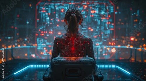 Cyborg woman with AI in armchair on podium in cyberspace. Artificial intelligence rules world. Neural network in image of girl cyborg. Artificial intelligence captured world. photo