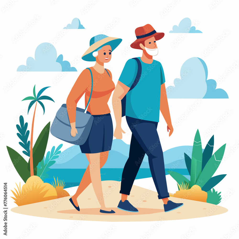 Millennial-aged couple walking along a beach while traveling

