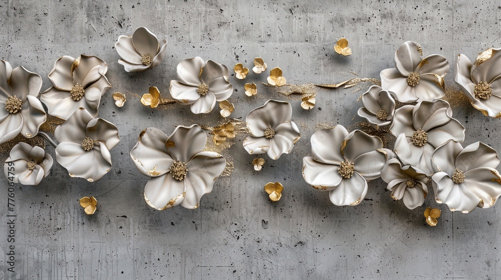 Fototapeta premium Volumetric floral arrangements on an old concrete wall with gold elements.