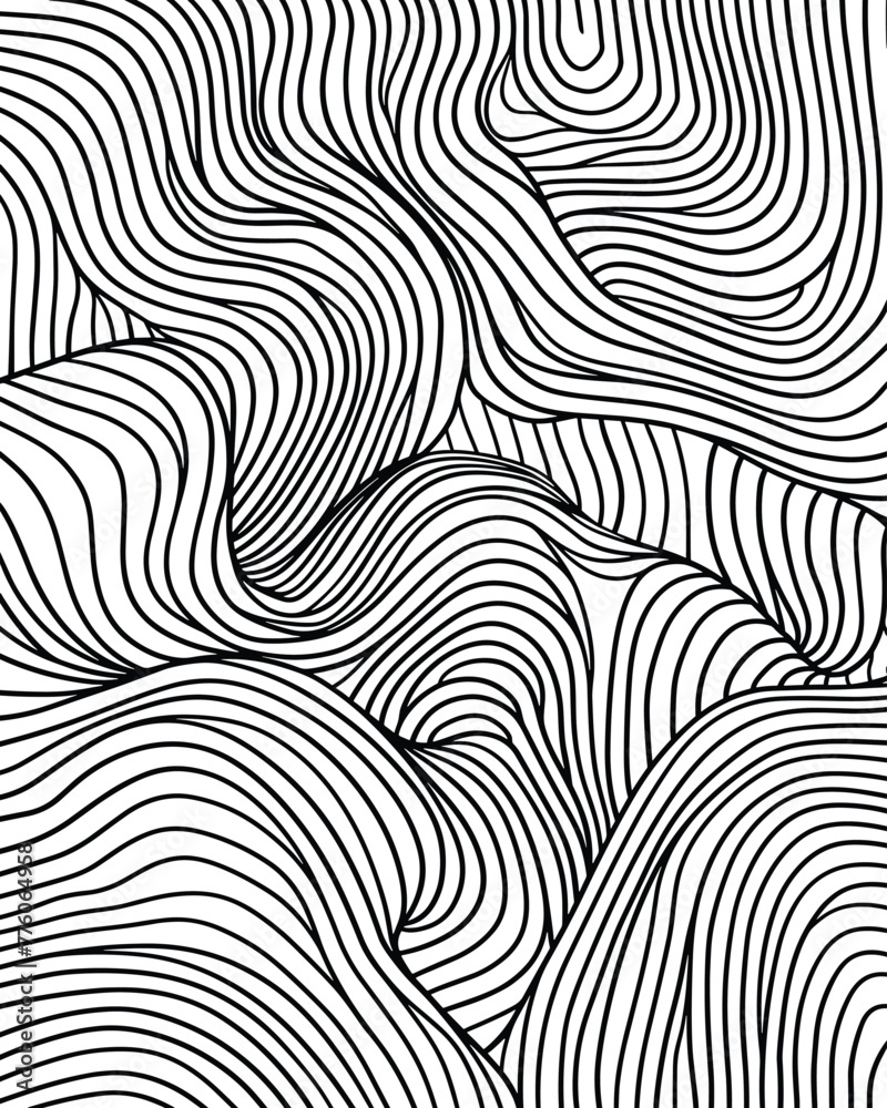 Black and white wavy stripes, hypnotic pattern.
