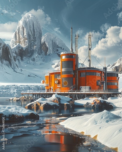 Antarctic research facility with ice drills, scientific equipment, and extreme weather conditions , 3D illustration