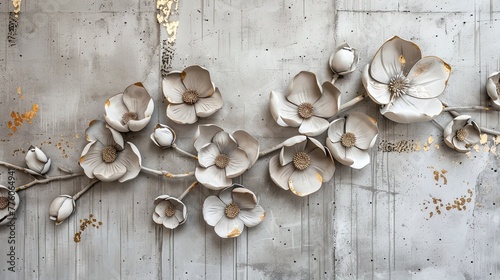 Volumetric floral arrangements on an old concrete wall with gold elements. photo