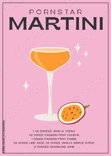 Pornstar Martini Cocktail garnished with passion fruit. Classic alcoholic beverage recipe modern wall art print. Summer aperitif poster. Minimalist trendy alcoholic drink. Vector flat illustration.