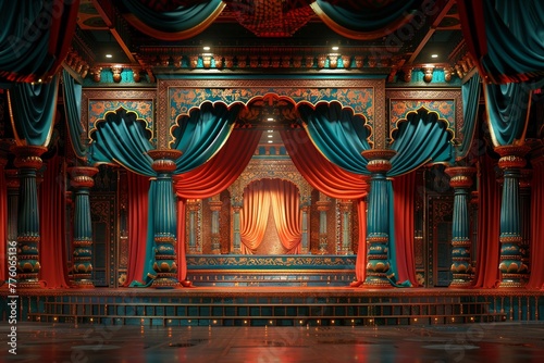 Bollywood film set with lavish decorations, colorful costumes, and dance stage , 3D illustration