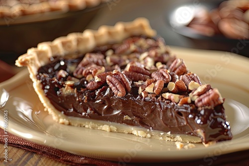 A decadent slice of chocolate pecan pie topped with whole pecans on a cream plate, ready to be served. photo