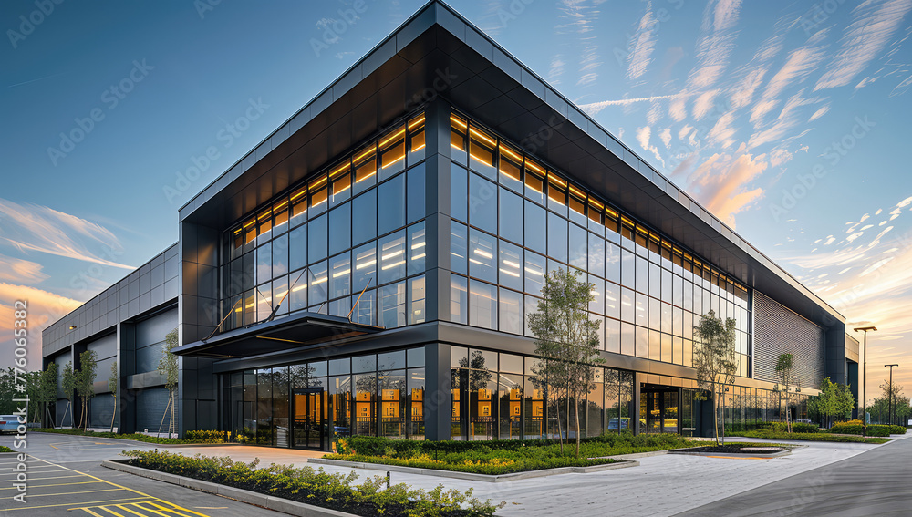 A modern industrial building with large glass windows and black cladding, showcasing the exterior design of an advanced warehouse or office complex. Created with Ai