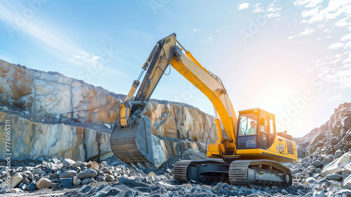 A yellow and black construction machine is digging into a pile of rocks. The machine is large and powerful, and it is surrounded by a rocky landscape. Concept of hard work and determination photo