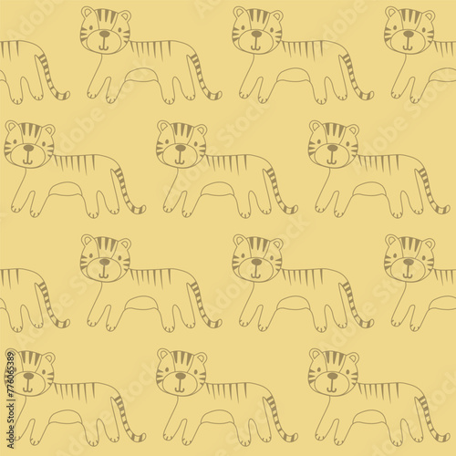 Vector seamless pattern with tiger.Tropical jungle cartoon creatures.Pastel animals background.Cute natural pattern for fabric, childrens clothing,textiles,wrapping paper.