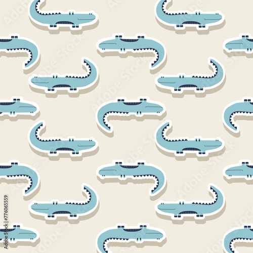 Vector sticker pattern with crocodile.Tropical jungle cartoon creatures.Pastel animals background.Cute natural pattern for fabric, childrens clothing,textiles,wrapping paper. © Оксана Омельченко