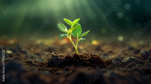 Sunlit Growth: Close-Up of Young Green Tree Sprout Emerging from Black Soil, spring concept, enviroment concept © jiejie