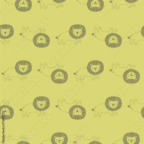 Vector seamless pattern with lion.Tropical jungle cartoon creatures.Pastel animals background.Cute natural pattern for fabric, childrens clothing,textiles,wrapping paper. © Оксана Омельченко