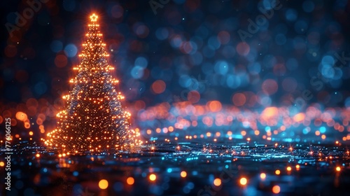 A poster with a christmas tree in electronic technology style. A greeting card in computer technology style for the new year and merry Christmas. An electronic technology-style poster for Christmas