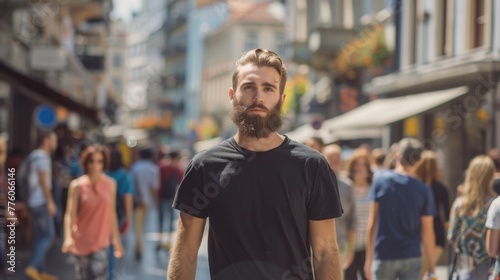 Light-skinned male model with a beard in a simple black t-shirt mockup walks among pedestrians © AlfaSmart