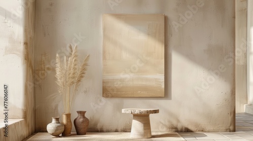 Poster mock up blank in japanese wabi sabi style interior, minimalistic background, artwork template