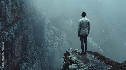 A man experiences depression and despair, he stands on the gloomy edge of a cliff, mental illness and loneliness, AI generated image