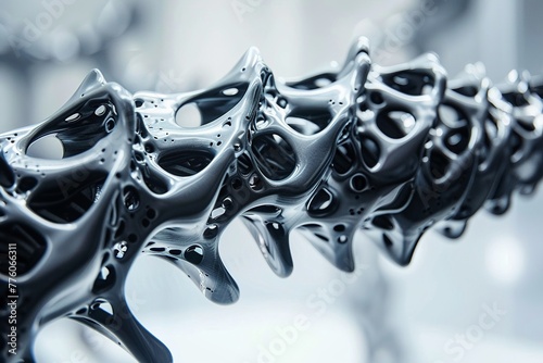 Futuristic biomechanical spine in 3D, flexible and durable with embedded support systems, anatomical and innovative, spinal health technology , sci-fi tone