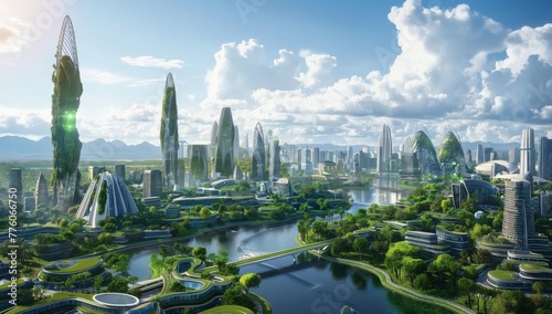 A futuristic urban landscape. An ecologically clean city with green ecological buildings, combining nature and urbanization photo