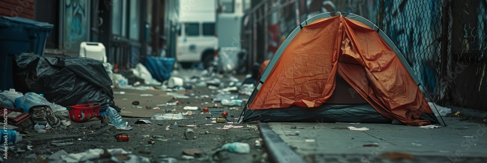 Homeless person's tent pitched on a sidewalk, surrounded by trash and discarded items - obrazy, fototapety, plakaty 
