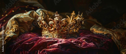 A golden crown resting on a cushion of velvet evoking imagery of royalty and legacy photo